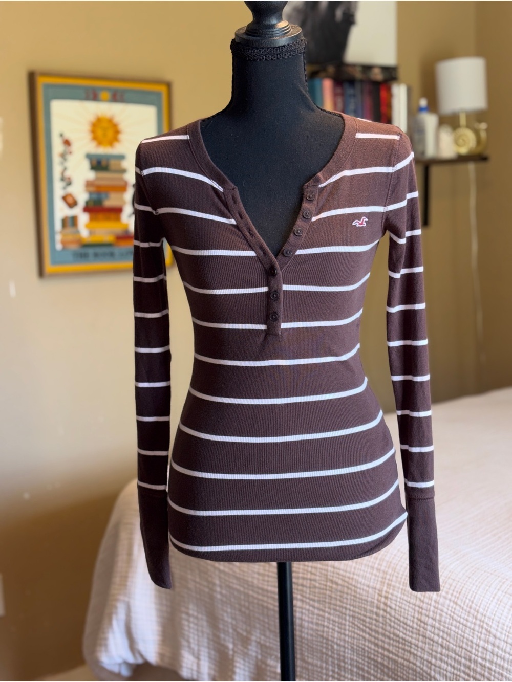 Hollister Brown & White Striped Henley Ribbed Long-Sleeve Top